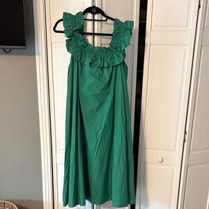 Ruffled Square-Neck Midi Dress in Green